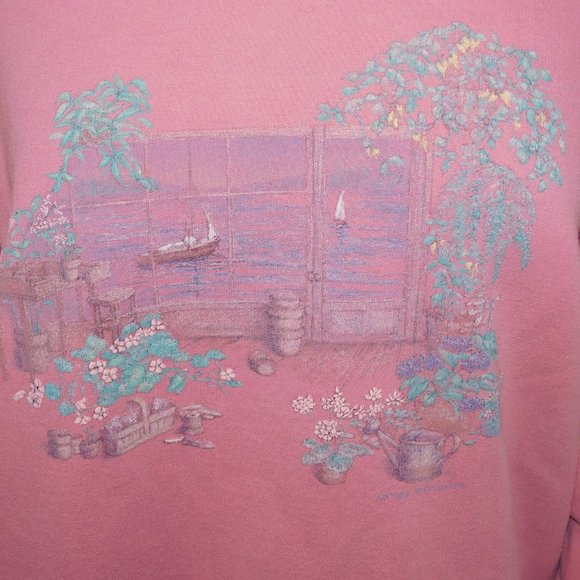 VTG 90s Northern Reflections Womens L Pink Plants Boats Graphic Sweatshirt - Picture 3 of 8